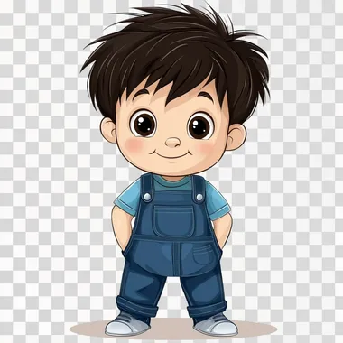cartoon 2 year old asian boy with short spiky brown hair wearing overalls on white background