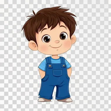 cartoon 2 year old asian boy with short spiky brown hair wearing overalls on white background