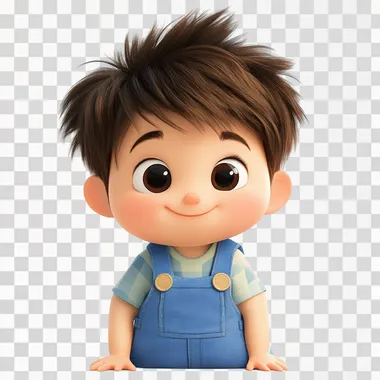 cartoon 2 year old asian boy with short spiky brown hair wearing overalls on white background