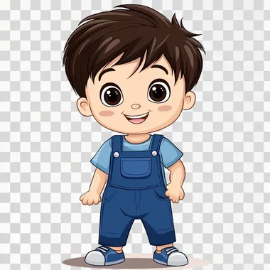 cartoon 2 year old asian boy with short spiky brown hair wearing overalls on white background
