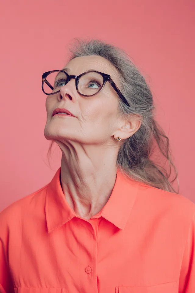 a woman wearing glasses looking up into the sky