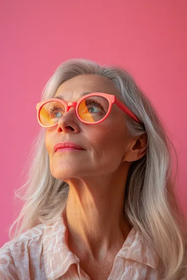 an inspired-looking sophisticated woman in her 60s who has just seen something incredible. quirky. pink background