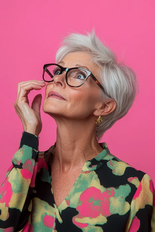 an older woman with glasses looking up into the sky