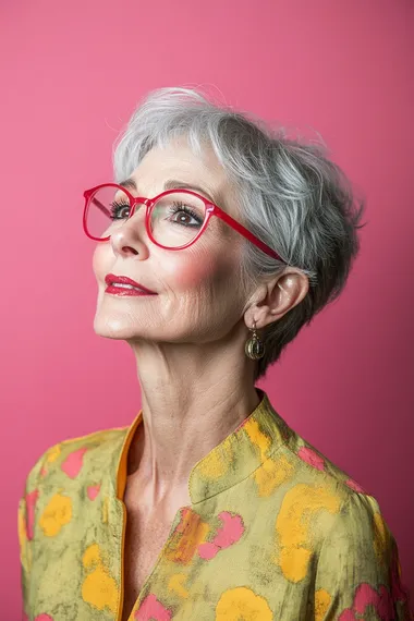 an inspired-looking sophisticated woman in her 60s who has just seen something incredible. quirky. pink background