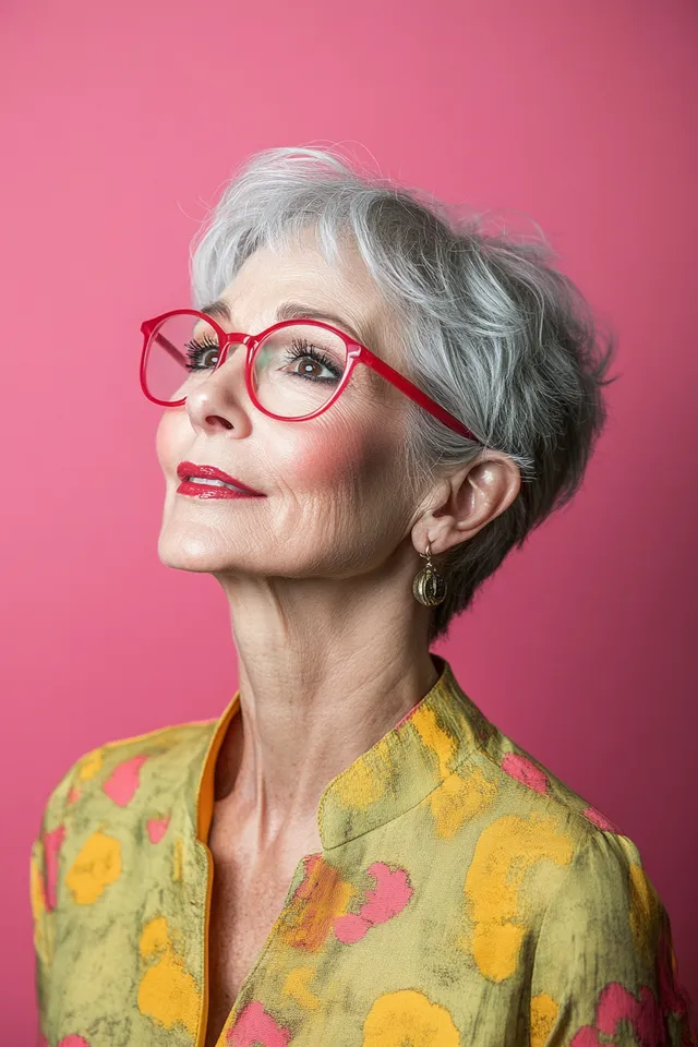 an older woman wearing red glasses against a pink background