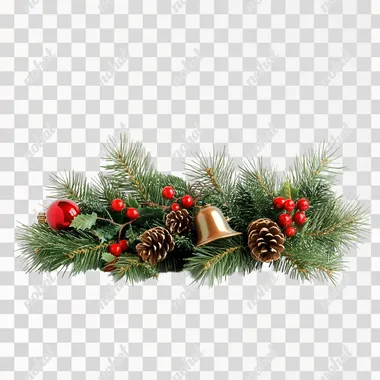 small christmas greenery with bells table isolated on white background, photo realistic, shot on table from the front view