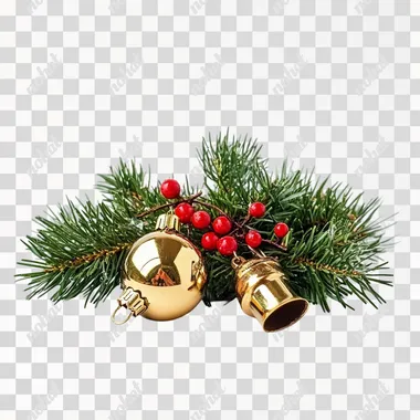small christmas greenery with bells table isolated on white background, photo realistic, shot on table from the front view