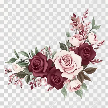 Floral corner, with burgundy and pink roses and sage green leaves, in a clipart style on a white background.