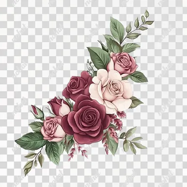Floral corner, with burgundy and pink roses and sage green leaves, in a clipart style on a white background.