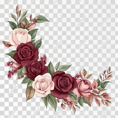 Floral corner, with burgundy and pink roses and sage green leaves, in a clipart style on a white background.
