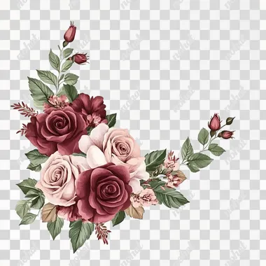 Floral corner, with burgundy and pink roses and sage green leaves, in a clipart style on a white background.