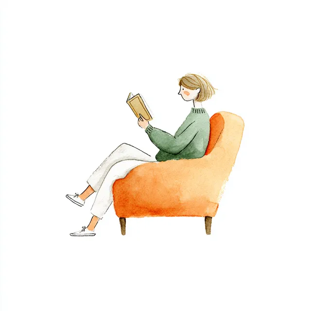 Woman Reading on an Orange Couch