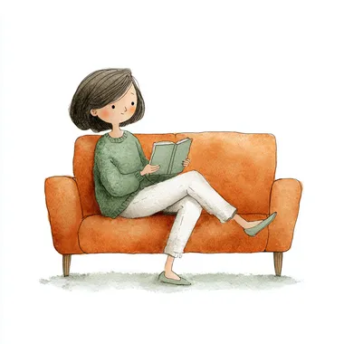 an illustration of a lady sitting in a light orange couch, wearing a green pullover and white pants, reading a book, simple, minimalistic style, watercolor and ink inspired illustration isolated on a white background, with a clean and minimal cartoon style. Clipart design suitable for childrens books.