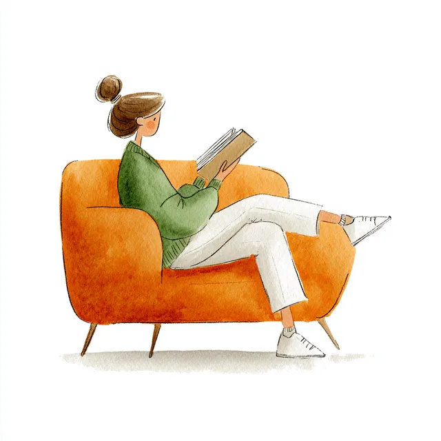 Woman Reading on a Cozy Orange Couch