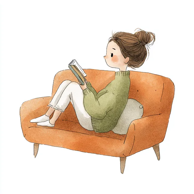 Illustration of a Young Woman Reading on an Orange Couch