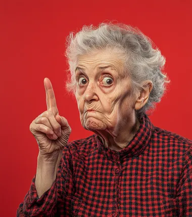 Photo of an elderly woman with white hair, holding up her index finger as if showing something in the distance. She has visible wrinkles and is wearing casual . The background color should be a vibrant red to make the image stand out against the dark backdrop. Her expression appears grumpy or comical, as if trying to capture that moment for the viewer. This unique and characterful image would make an engaging social media profile picture, setting it apart from other photos on platforms like TikTok or Instagram.