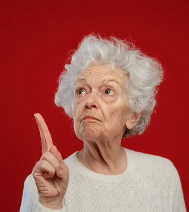 Photo of an elderly woman with white hair, holding up her index finger as if showing something in the distance. She has visible wrinkles and is wearing casual . The background color should be a vibrant red to make the image stand out against the dark backdrop. Her expression appears grumpy or comical, as if trying to capture that moment for the viewer. This unique and characterful image would make an engaging social media profile picture, setting it apart from other photos on platforms like TikTok or Instagram.