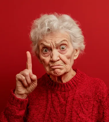 Photo of an elderly woman with white hair, holding up her index finger as if showing something in the distance. She has visible wrinkles and is wearing casual . The background color should be a vibrant red to make the image stand out against the dark backdrop. Her expression appears grumpy or comical, as if trying to capture that moment for the viewer. This unique and characterful image would make an engaging social media profile picture, setting it apart from other photos on platforms like TikTok or Instagram.