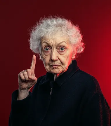 Photo of an elderly woman with white hair, holding up her index finger as if showing something in the distance. She has visible wrinkles and is wearing casual . The background color should be a vibrant red to make the image stand out against the dark backdrop. Her expression appears grumpy or comical, as if trying to capture that moment for the viewer. This unique and characterful image would make an engaging social media profile picture, setting it apart from other photos on platforms like TikTok or Instagram.