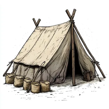 An icon of a medieval storage tent, hand-drawn in a rustic, handcrafted style. The tent should be large and sturdy, made of durable fabric, with visible wooden stakes and ropes anchoring it securely to the ground. The front flap should be tied closed, showing that it's used primarily for storage. Around the tent, there could be small piles of sacks or crates to hint at the resources being stored inside. The tent should be practical and simple, with minimal decoration, focused on its function as a storage area for supplies and resources. The design should be realistic, with no unnecessary details or embellishments, emphasizing its role in a medieval setting.