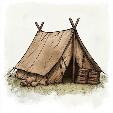 An icon of a medieval storage tent, hand-drawn in a rustic, handcrafted style. The tent should be large and sturdy, made of durable fabric, with visible wooden stakes and ropes anchoring it securely to the ground. The front flap should be tied closed, showing that it's used primarily for storage. Around the tent, there could be small piles of sacks or crates to hint at the resources being stored inside. The tent should be practical and simple, with minimal decoration, focused on its function as a storage area for supplies and resources. The design should be realistic, with no unnecessary details or embellishments, emphasizing its role in a medieval setting.