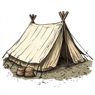 An icon of a medieval storage tent, hand-drawn in a rustic, handcrafted style. The tent should be large and sturdy, made of durable fabric, with visible wooden stakes and ropes anchoring it securely to the ground. The front flap should be tied closed, showing that it's used primarily for storage. Around the tent, there could be small piles of sacks or crates to hint at the resources being stored inside. The tent should be practical and simple, with minimal decoration, focused on its function as a storage area for supplies and resources. The design should be realistic, with no unnecessary details or embellishments, emphasizing its role in a medieval setting.