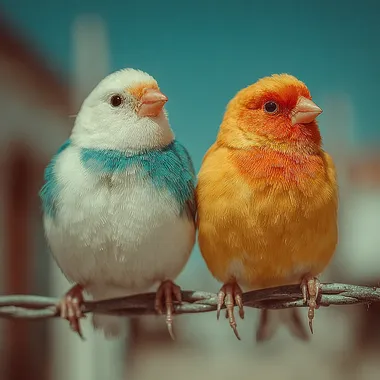 COLOUR PHOTGRAPHY - 1 white 1 blue an 1 yellow cannaries birds ON A TELEGRAPH WIRE,