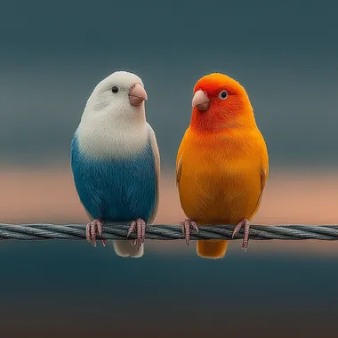 COLOUR PHOTGRAPHY - 1 white 1 blue an 1 yellow cannaries birds ON A TELEGRAPH WIRE,