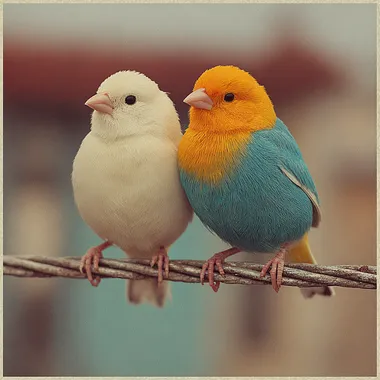 COLOUR PHOTGRAPHY - 1 white 1 blue an 1 yellow cannaries birds ON A TELEGRAPH WIRE,