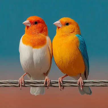 COLOUR PHOTGRAPHY - 1 white 1 blue an 1 yellow cannaries birds ON A TELEGRAPH WIRE,