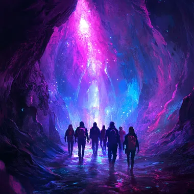 a team of people walking into the unknown keep it bright and glowy