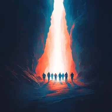 a team of people walking into the unknown keep it bright and glowy