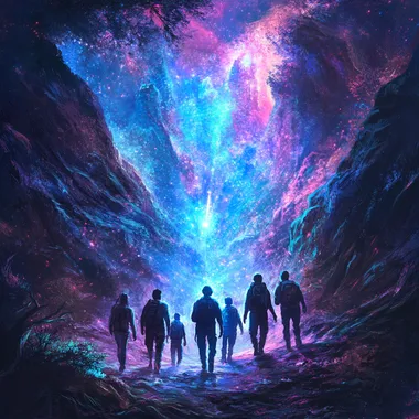 a team of people walking into the unknown keep it bright and glowy