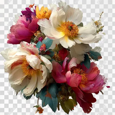 floral rose bouquets, transparent background, vivid colors, realistic texture, intricate detail, no background elements, centered composition, white border  --raw