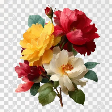 floral rose bouquets, transparent background, vivid colors, realistic texture, intricate detail, no background elements, centered composition, white border  --raw