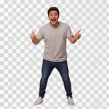 A Brazilian university student with light skin, short brown hair, and a cheerful expression, standing in a frontal view. He is dressed casually in IT sector attire: a t-shirt, jeans, and sneakers. His face shows a happy surprise, with wide eyes and a big smile, as he points forward with both hands in excitement. His body language is energetic and enthusiastic, reflecting joy and amazement. The background is a solid gray, minimalist and clean, keeping the focus on the student's positive reaction. The scene captures a moment of joyful surprise, radiating excitement. The style is ultrarealistic photography