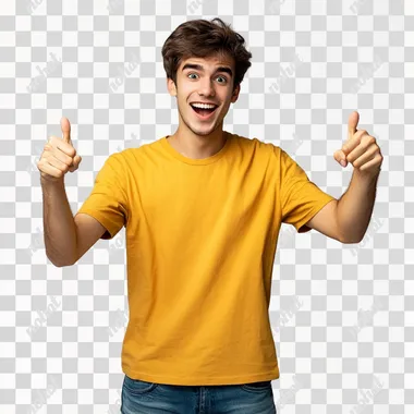 A Brazilian university student with light skin, short brown hair, and a cheerful expression, standing in a frontal view. He is dressed casually in IT sector attire: a t-shirt, jeans, and sneakers. His face shows a happy surprise, with wide eyes and a big smile, as he points forward with both hands in excitement. His body language is energetic and enthusiastic, reflecting joy and amazement. The background is a solid gray, minimalist and clean, keeping the focus on the student's positive reaction. The scene captures a moment of joyful surprise, radiating excitement. The style is ultrarealistic photography