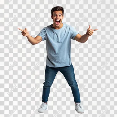 A Brazilian university student with light skin, short brown hair, and a cheerful expression, standing in a frontal view. He is dressed casually in IT sector attire: a t-shirt, jeans, and sneakers. His face shows a happy surprise, with wide eyes and a big smile, as he points forward with both hands in excitement. His body language is energetic and enthusiastic, reflecting joy and amazement. The background is a solid gray, minimalist and clean, keeping the focus on the student's positive reaction. The scene captures a moment of joyful surprise, radiating excitement. The style is ultrarealistic photography