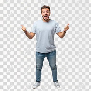 A Brazilian university student with light skin, short brown hair, and a cheerful expression, standing in a frontal view. He is dressed casually in IT sector attire: a t-shirt, jeans, and sneakers. His face shows a happy surprise, with wide eyes and a big smile, as he points forward with both hands in excitement. His body language is energetic and enthusiastic, reflecting joy and amazement. The background is a solid gray, minimalist and clean, keeping the focus on the student's positive reaction. The scene captures a moment of joyful surprise, radiating excitement. The style is ultrarealistic photography