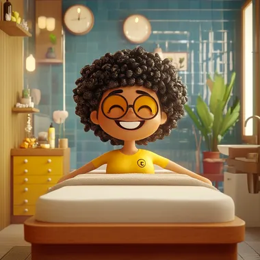 A quirky emoji with an afro having a massage at a spa...Pixar style 3D character