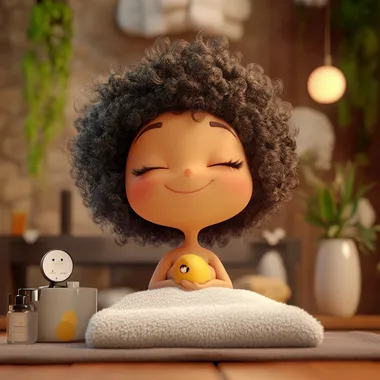 A quirky emoji with an afro having a massage at a spa...Pixar style 3D character