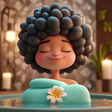A quirky emoji with an afro having a massage at a spa...Pixar style 3D character