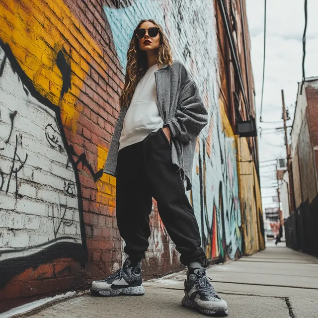 a woman standing in front of a graffiti wall