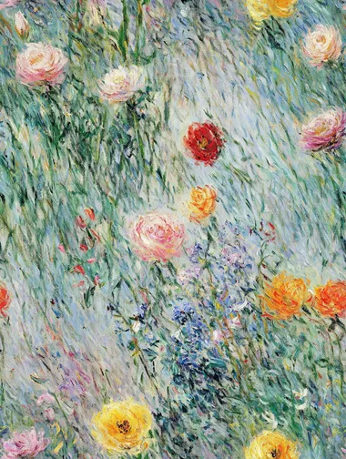Monet's floral paintings, delicate brushstrokes, scroll patterns, large and small flowers, roses and tulips, lilies, clean and translucent petals, silver and gold outlining, platinum, richly layered and rhythmically composed, large areas of blank space, soft light, delicate color handling, clear plant veins, elegant and romantic colors, ethereal, clever composition, delicate and freehand brushstrokes, rich colors, clean and refreshing background, ultra-high-definition quality.