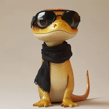 A cute golden snake wearing a black Nike scarf, VR glasses on its head, standing upright, proud, with a long curved tail, full body appearance, smiling, young, modern, calm and positive, full body shooting, red and gold, side view, realistic snake skin, character concept art, pure light beige background, surrealist texture, with proportional correlation, clear focus, clear details, super details, global lighting, no arms and legs, no jacket, no limbs - ar 3:4- v 6.1 --s 250