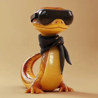 A cute golden snake wearing a black Nike scarf, VR glasses on its head, standing upright, proud, with a long curved tail, full body appearance, smiling, young, modern, calm and positive, full body shooting, red and gold, side view, realistic snake skin, character concept art, pure light beige background, surrealist texture, with proportional correlation, clear focus, clear details, super details, global lighting, no arms and legs, no jacket, no limbs - ar 3:4- v 6.1 --s 250