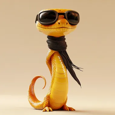 A cute golden snake wearing a black Nike scarf, VR glasses on its head, standing upright, proud, with a long curved tail, full body appearance, smiling, young, modern, calm and positive, full body shooting, red and gold, side view, realistic snake skin, character concept art, pure light beige background, surrealist texture, with proportional correlation, clear focus, clear details, super details, global lighting, no arms and legs, no jacket, no limbs - ar 3:4- v 6.1 --s 250