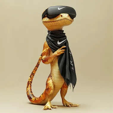 A cute golden snake wearing a black Nike scarf, VR glasses on its head, standing upright, proud, with a long curved tail, full body appearance, smiling, young, modern, calm and positive, full body shooting, red and gold, side view, realistic snake skin, character concept art, pure light beige background, surrealist texture, with proportional correlation, clear focus, clear details, super details, global lighting, no arms and legs, no jacket, no limbs - ar 3:4- v 6.1 --s 250