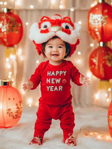 Cute baby wearing red , a lion hat, and matching shoes, standing in the middle of the frame with lanterns hanging on both sides. The simple, solid-color background and Chinese New Year theme are complemented by the text "HAPPY NEW YEAR" and the lantern decorations around the child. The studio lighting, high-resolution photography style, minimalist composition, natural light, soft tones, and warm atmosphere create a visually appealing and harmonious scene.