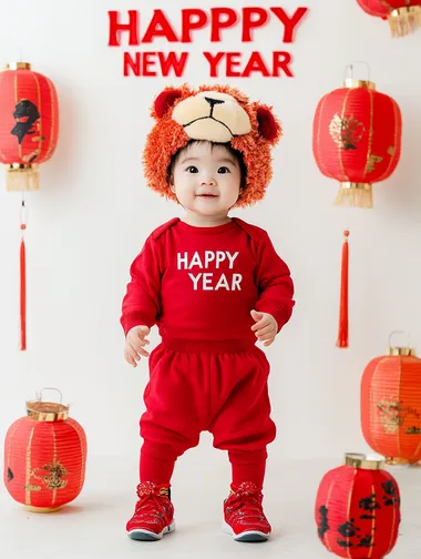 Cute baby wearing red , a lion hat, and matching shoes, standing in the middle of the frame with lanterns hanging on both sides. The simple, solid-color background and Chinese New Year theme are complemented by the text "HAPPY NEW YEAR" and the lantern decorations around the child. The studio lighting, high-resolution photography style, minimalist composition, natural light, soft tones, and warm atmosphere create a visually appealing and harmonious scene.